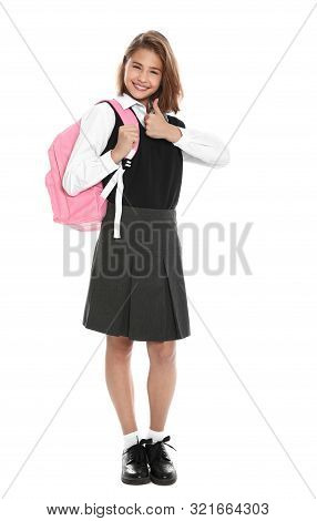 Happy Girl In School Uniform On White Background