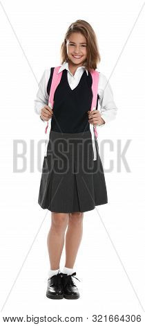 Happy Girl In School Uniform On White Background