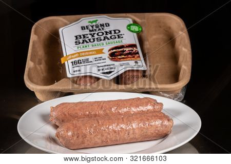 Morgantown, Wv - 11 September 2019: Packaging For Beyond Meat Beyond Plant-based Sausages On Steel T
