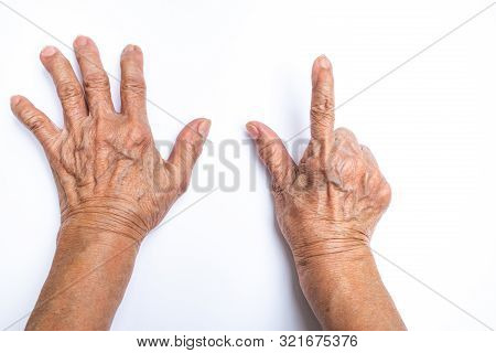 Senior Woman's Hands  Counting 7 Isolated On White Background, Numbers 1-10 In Sign Language Concept