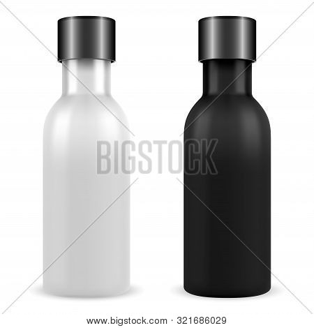 Essential Oil Cosmetic Bottle Black, White Set. Isolated Round Vial Vector Mockup. Realistic Plastic