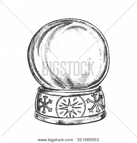 Empty Snowglobe Christmas Souvenir Vintage Vector. Glass Ball Snowglobe On Decorated Snowflake Pedes