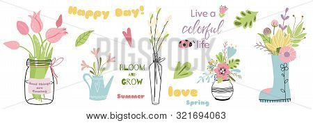 Flower Elements Set Of Mason Jars With Flower Bouquets Cute Hand Drawn Color Vector Quotes Phrases