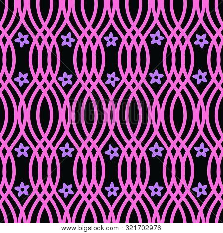 Vector Illustration. Baby Pink Overlapping Waves Geometric Pattern With Tiny Purple Flowers Seamless