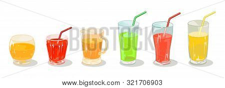 Green, Yellow, Orange, Red Beverages In Different Sized Glassware With Straws. Multicolor Delicious 