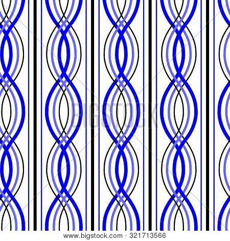 Vector Illustration. Royal Blue And Black Overlapping Swirls With Stripes Seamless Repeat Pattern.