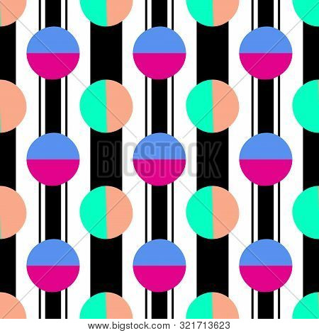 Vector Illustration. Dual Colored Polka Dots On Thick And Thin Striped Seamless Pattern