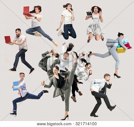 Happy Office Workers Jumping And Dancing In Casual Clothes Or Suit With Folders, Coffee, Tablet On W