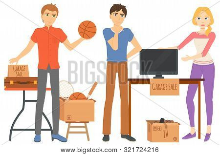 Young People Managing Garage Sale. Unnecessary Things. Tv Household And Sport Items Lying On Table. 