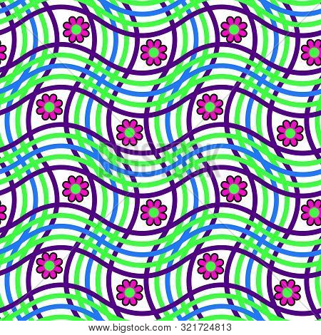 Vector Version. Colorful Wavy Lines Check With Tiny Flowers  Seamless Repeat Pattern.