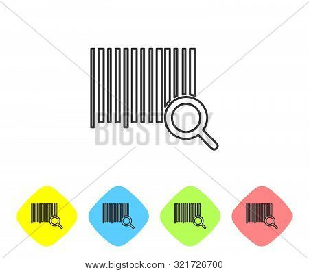 Grey Line Search Barcode Icon On White Background. Magnifying Glass Searching Barcode. Barcode Label