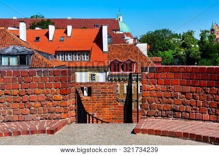 Warsaw, Poland Barbican Or Barbakan Medieval Outpost With The Defense Walls In Historic Old Town Qua