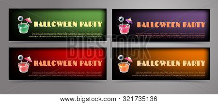 Halloween Banner Templates Collection. Set Of Four Vector Designs With Cocktail Jelly Shot And Spook