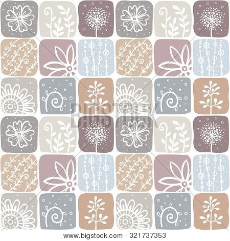 Seamless Background From Squares With Nature Elements. Vector Illustration