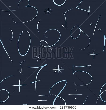 Mathematical Blue Background. Hand Drawn By A Thin Line Numbers And Mathematical Signs And Symbols. 