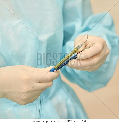Ophthalmology Laser Microscope Operation. Clinic Room With Doctor And Parient. Gloves And Medicine T
