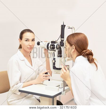 Eye Ophthalmologist Exam. Eyesight Recovery. Astigmatism Check Concept. Ophthalmology Diagmostic Dev