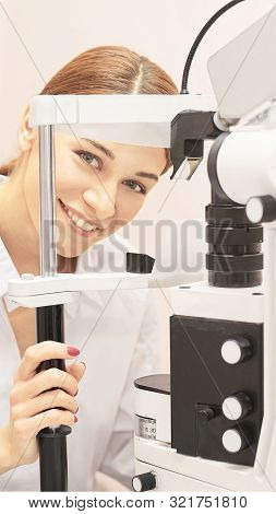 Eye Ophthalmologist Exam. Eyesight Recovery. Astigmatism Check Concept. Ophthalmology Diagmostic Dev