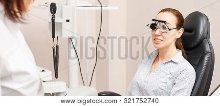 Eye Ophthalmologist Exam. Eyesight Recovery. Astigmatism Check Concept. Ophthalmology Diagmostic Dev