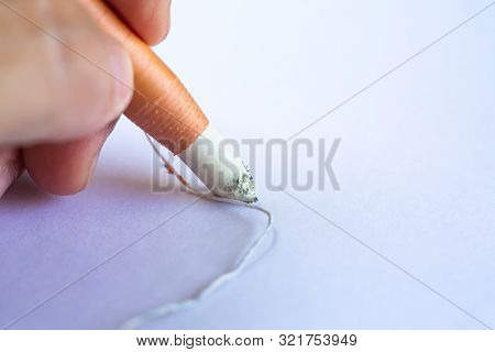 Woman's Left Hand Holding Dermatograph Pencil Writing Letter On White Paper Texture Background, Note