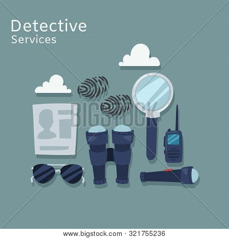 Detective Services Vector Flat Illustration. Magnifying Glass, Mobile, Traces, Thumb-print And Evide