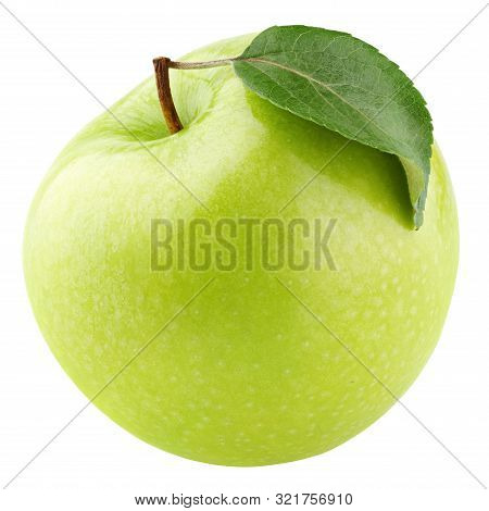 Single Ripe Green Apple Fruit With Green Leaf Isolated On White Background. Granny Smith Apple With 
