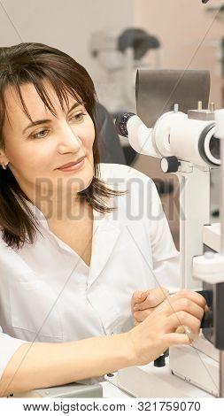 Eye Ophthalmologist Exam. Eyesight Recovery. Astigmatism Check Concept. Ophthalmology Diagmostic Dev