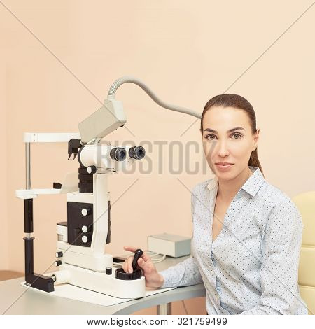 Eye Ophthalmologist Exam. Eyesight Recovery. Astigmatism Check Concept. Ophthalmology Diagmostic Dev