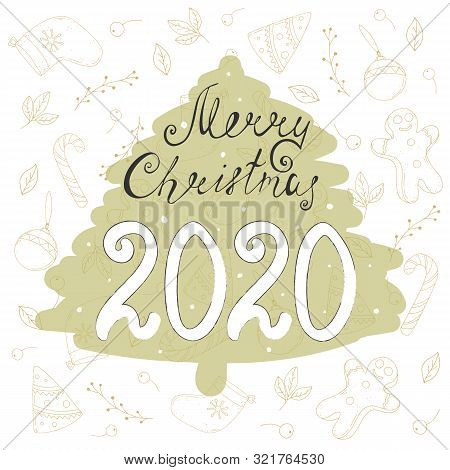 Christmas Card With Cartoon Tree Silhouette, Calligraphic Inscription, Decorative Elements. Vector I