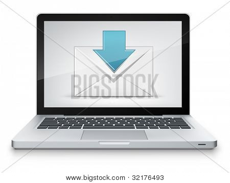 Donload concetto. Portatile su sfondo grigio sfumato. Vector.