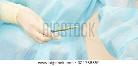 Ophthalmology Laser Microscope Operation. Clinic Room With Doctor And Parient. Gloves And Medicine T