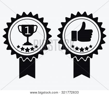 A Sign Of Premium Class. Medal With A Star And Ribbon. Mark Of Distinction. Black And White Quality 