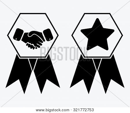 A Sign Of Premium Class. Medal With A Star And Ribbon. Mark Of Distinction. Black And White Quality 