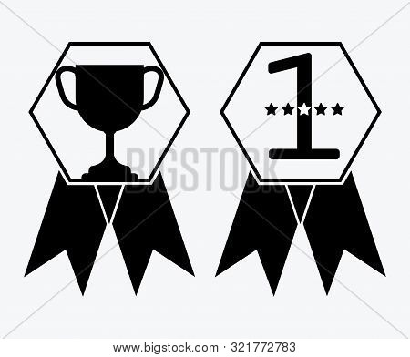 A Sign Of Premium Class. Medal With A Star And Ribbon. Mark Of Distinction. Black And White Quality 