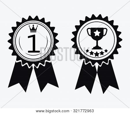 A Sign Of Premium Class. Medal With A Star And Ribbon. Mark Of Distinction. Black And White Quality 