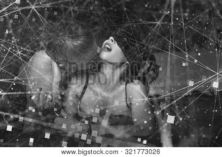 Sexy Milf In Lace Eye Cover With Young Lover In Hotel Room, Black And White, Bdsm,  With Virtual Con