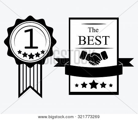 A Sign Of Premium Class. Medal With A Star And Ribbon. Mark Of Distinction. Black And White Quality 