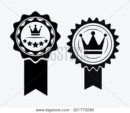 A Sign Of Premium Class. Medal With A Star And Ribbon. Mark Of Distinction. Black And White Quality 