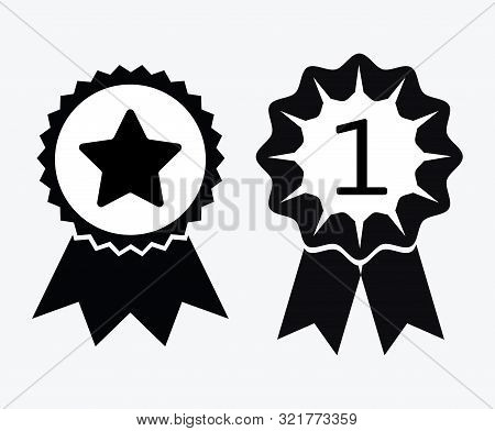 A Sign Of Premium Class. Medal With A Star And Ribbon. Mark Of Distinction. Black And White Quality 