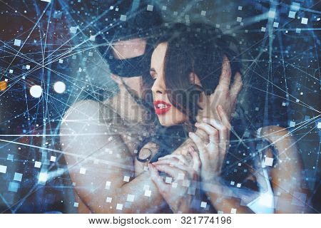 Sensual Couple Foreplay In Dark, Milf With Young Lover In Blindfold, Online Sex Concept
