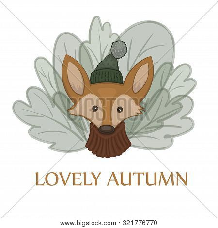 Vector Illustration Of A Cartoon Cute Red Fox In A Warm Pullover And Green Cap With A Bob On The Whi