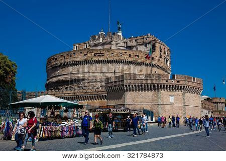 Rome, Italy - April, 2018: Tourists At The Beautiful Mausoleum Of Hadrian Also Called Sant Angelo Ca