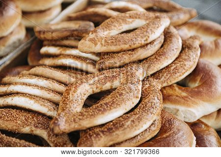 Traditional Circular Bread Simit With Sesame Seeds, Also Known As Turkish Bagel.