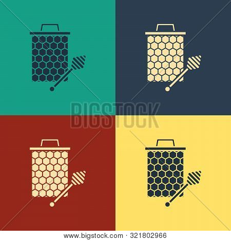 Color Honeycomb With Honey Dipper Stickicon Isolated On Color Background. Honey Ladle. Honey Cells S