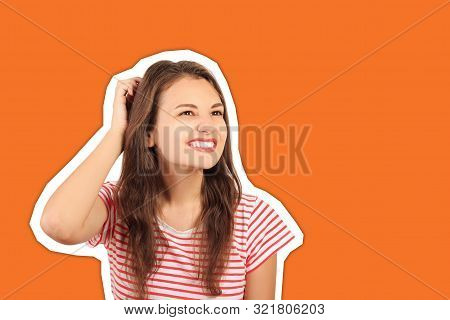 Happy Woman Thinks And Scrape The Hair. Emotional Girl Magazine Collage Style With Trendy Color Back