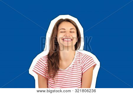 Portrait Of An Attractive Smiling Young Brunette Woman. Emotional Gloat Girl Magazine Collage Style 