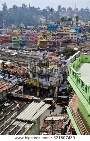 Ooty, Tamil Nadu, India - January, 2017: Vertical Cityscape Of Ooty City With Stores, Shops And Hous