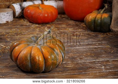 Pumpkin, Hay, Wooden Background. Background Vegetable Ribbed Orange Sleek Hay Farmer Design Base Rus