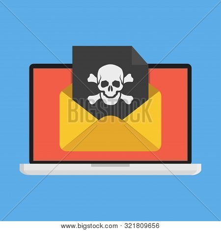 Laptop With Virus Envelope And Skull And Crossbones On The Screen. Concept Of Virus, Piracy, Hacking
