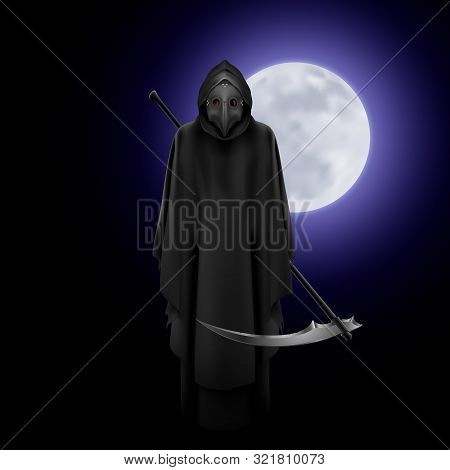 Terrifying Plague Doctor Over Full Moon Background. Medieval Death Symbol Plague Doctor Mask For Web